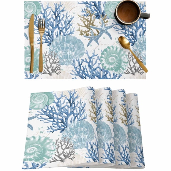 Summer Ocean Shell Blue Coral Placemats Set of 4,Wipeable Washable Table Mats for Dining Tables,Starfish Conch Place Mats for Kitchen Event Party Tabletop Decor