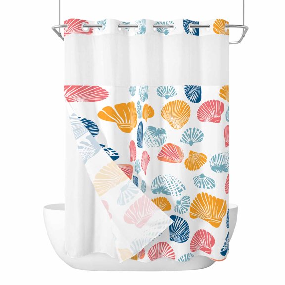 Summer Ocean Shell Colorful No Hook Shower Curtain with Snap in Liner Set,Nautical Sea Conch Seamless Waterproof Fabric Shower Curtains with See Through Top Window for Bathroom,60Wx72L