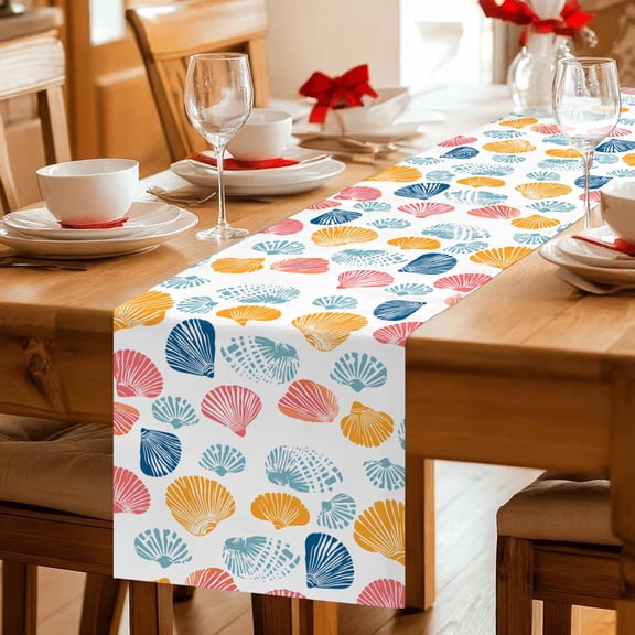 Summer Ocean Shell Colorful Table Runner 36 Inches Long,Kitchen Dining Tablerunners Nautical Sea Conch Seamless Linen Table Runners Dresser Scarves for Home Dinner Wedding Holiday Party Decor