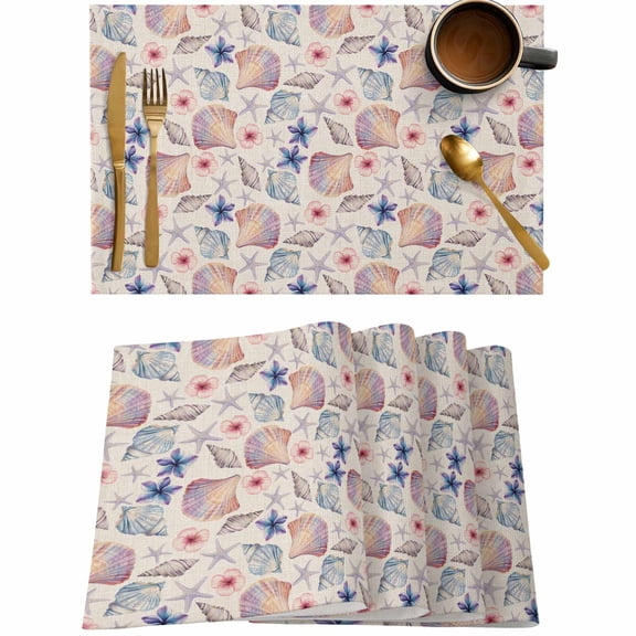 Summer Ocean Shell Conch Flower Placemats Set of 4,Wipeable Washable Table Mats for Dining Tables,Marine Life Retro Linen Place Mats for Kitchen Event Party Tabletop Decor