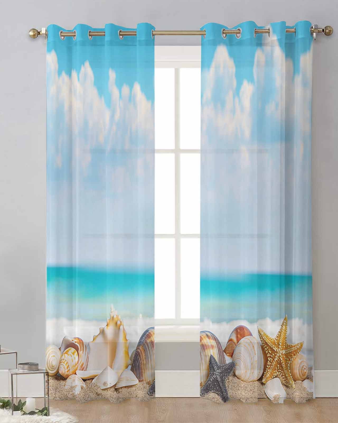 Summer Ocean Shell Conch Star Bedroom Voile Curtain Window Treatment ...