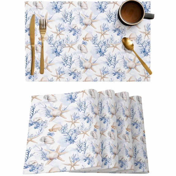 Summer Ocean Shells Starfish Placemats Set of 4,Wipeable Washable Table Mats for Dining Tables,Blue Coral Seamless Place Mats for Kitchen Event Party Tabletop Decor