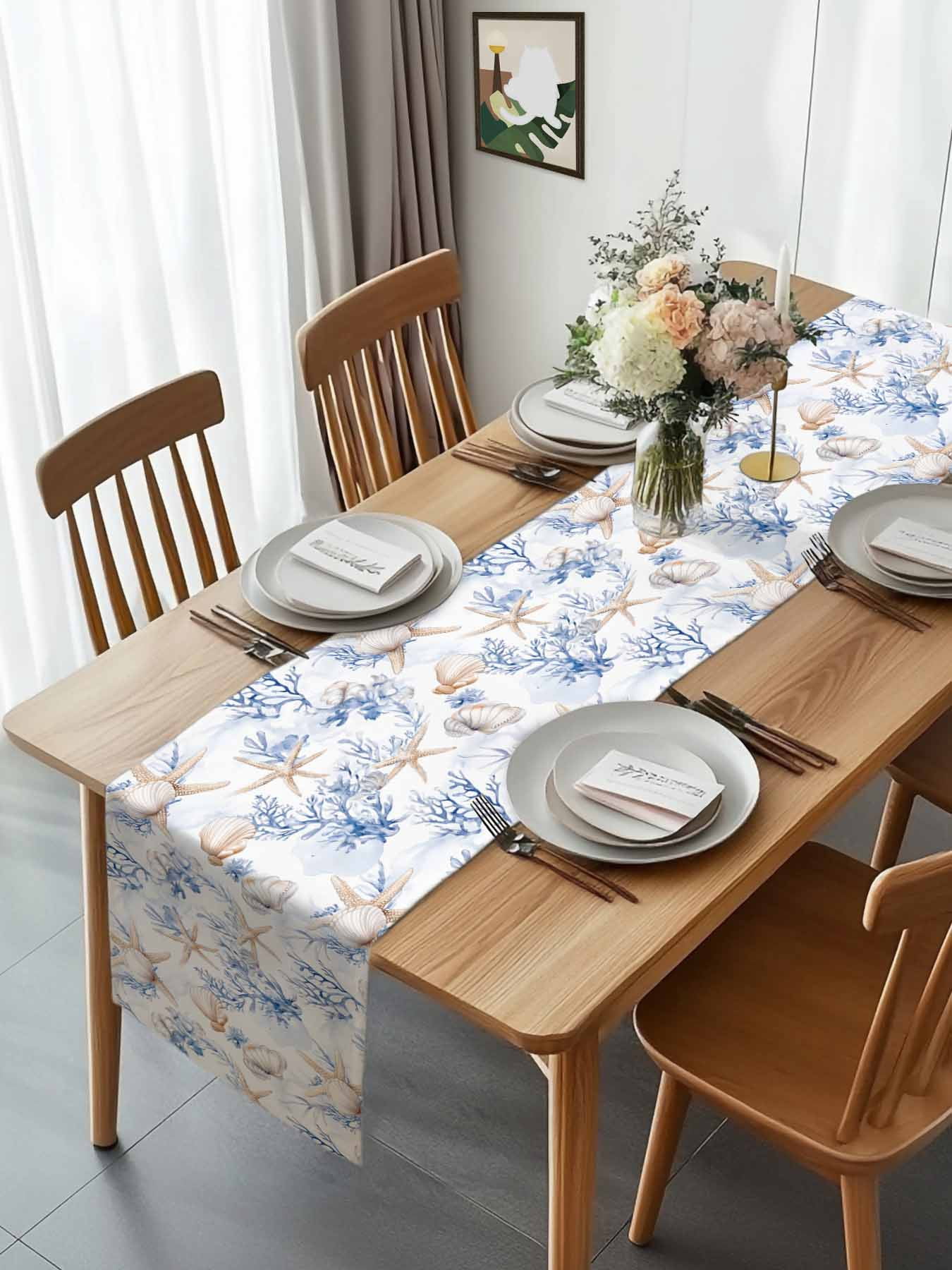 Summer Ocean Shells Starfish Table Runner 90 Inches Long, Blue Coral Seamless Table Runners Tabletop Scarf Kitchen Dining Tables Decoration for Home Party Indoor Outdoor