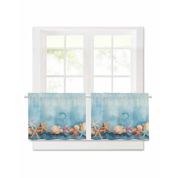 Summer Ocean Short Blackout Curtains 24 Inch Long Watercolor Starfish Shell Linen Texture Rod Pocket Kitchen Curtains, 2 Panels Thermal Insulated Room Darkening Drapes for Bedroom, 30"W x 24"L