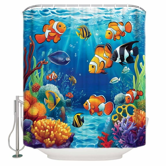 Summer Ocean Shower Curtain, 36" x 72", Clownfish Coral Seagrass Underwater World Waterproof Bathroom Curtain Washable Shower Curtain Set with 12 Hooks