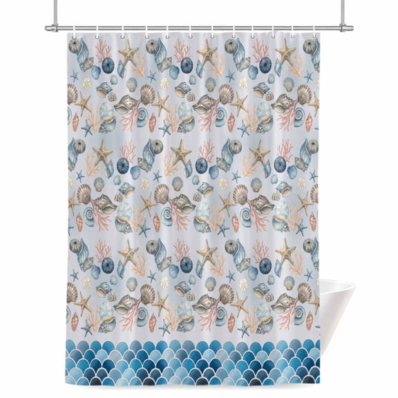 Summer Ocean Shower Curtain, 72" x 72", Coastal Starfish Conch Shell Blue Wave Seascape Waterproof Bathroom Curtain Washable Shower Curtain Set with 12 Hooks