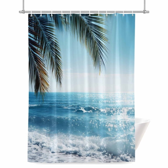 Summer Ocean Shower Curtain, 72" x 72", Seascape Blue Wave Green Tropical Pain Tree Waterproof Bathroom Curtain Washable Shower Curtain Set with 12 Hooks