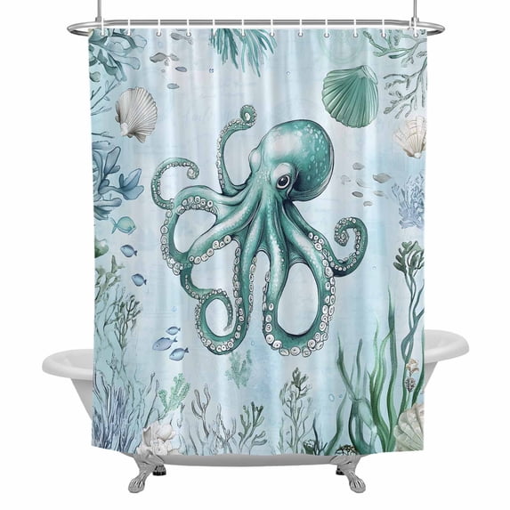Summer Ocean Shower Curtain Set with Hooks, Coastal Octopus Shell Coral Waterproof Fabric Bathroom Curtains Decor Home Accessories,66 X 72 Inch Long