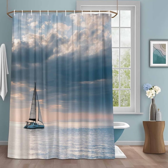 Summer Ocean Shower Curtains for Bathroom, Blue Sea Sky Dark Cloud Nautical Sailboat Seascape Washable Fabric Shower Curtain with Hooks Waterproof Bathroom Decor Sets, 36 x 72 Inches