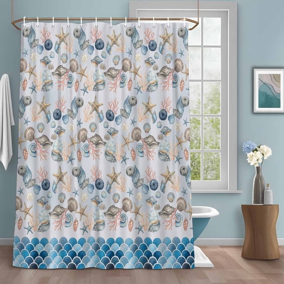 Summer Ocean Shower Curtains for Bathroom, Coastal Starfish Conch Shell Blue Wave Seascape Washable Fabric Shower Curtain with Hooks Waterproof Bathroom Decor Sets, 72 x 78 Inches