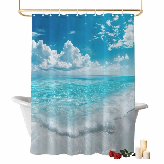 Summer Ocean Shower Curtains for Bathroom, Seascape Blue Coastal Wave Green Tropical Pain Trees Washable Fabric Shower Curtain with Hooks Waterproof Bathroom Decor Sets, 36 x 78 Inches