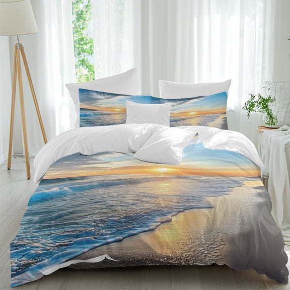 Summer Ocean Spray Sunset Queen Size Bed Set,Seaside Beach Cloud Sky Bedding for All Seasons,4 Pcs Bed Set,1 Quiltcover (90"x92"),1 Sheet(94"x116"),2 Pillowcases (30"x20")