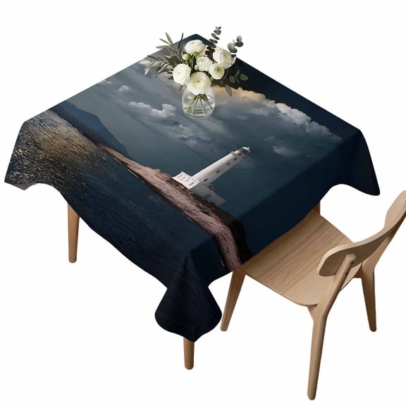 Summer Ocean Square Tablecloth White Lighthouse Bright Moon Coastal Landscape Waterproof Wrinkle Free Soft Table Cloth Spill-Proof Washable Table Cover for Dining Party Picnic 54 x 54 Inch