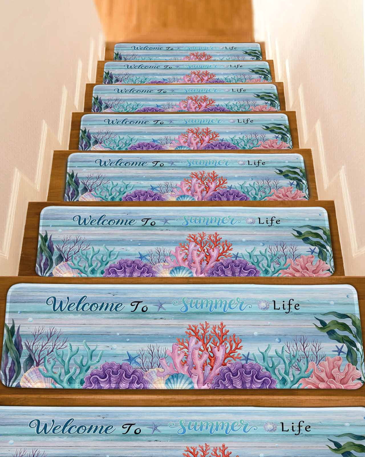 Summer Ocean Stair Treads Welcome to Life Color Coral Shell Blue Wood ...