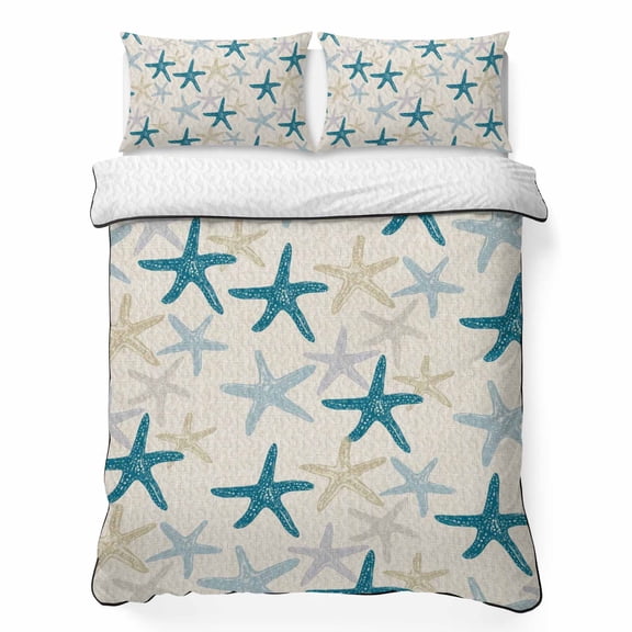 Summer Ocean Starfish 3 Piece Quilt Bedding Set with 2 Pillow Shams, Nautical Sea Watercolor Green Blue Starfish Linen Lightweight Bedspread Coverlet, Soft Breathable All Season Quilt, 68 x 98 Inch