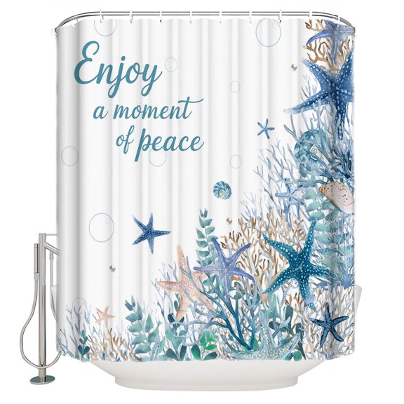Summer Ocean Starfish Bathroom Shower Curtains with 12 Hooks Waterproof Shower Curtain for Stalls and Bathtubs Blue Coastal Coral Seagrass Marin Life Decorative Bathroom Privacy Curtain 36x72 Inches