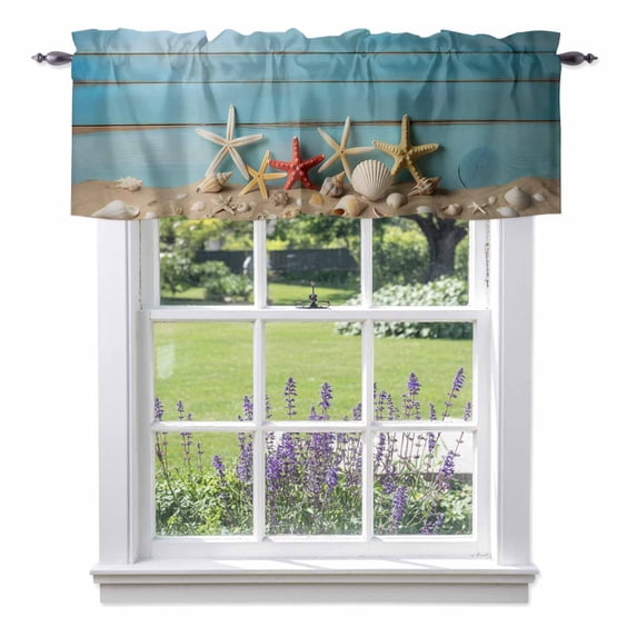 Summer Ocean Starfish on Blue Valances for Windows,Kitchen Valance Rod Pocket Short Curtain, Vintage Wood Board Valance Curtain Window Valances for Bedroom Bathroom Living Room 42x12in