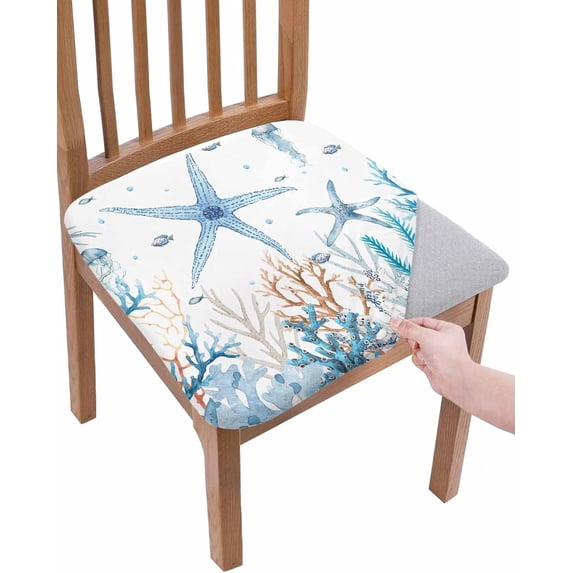 Summer Ocean Starfish Chair Seat Covers, Marine Life Coral Fish Jellyfish Blue Stretchable Dining Chair Seat Cushion Slipcovers with Buckle for Dining Room, Set of 6