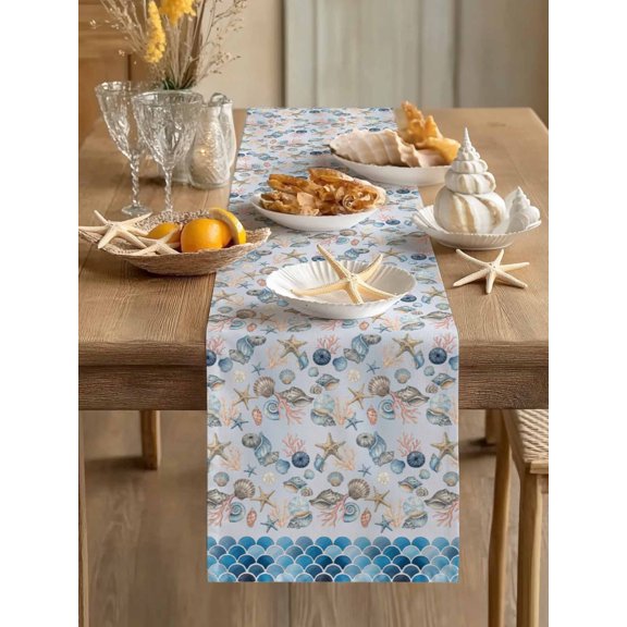 Summer Ocean Starfish Coral Table Runner 13x36in Non-Slip Cotton Linen Table Runners, Gradient Blue Fish Scale Dresser Scarves TableRunner for Dinner Kitchen Dining Wedding Party