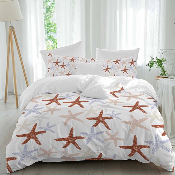 Summer Ocean Starfish Full Size Comforter Set, Nautical Sea Watercolor Red Blue Starfish Bedding for All Seasons, 4 Pcs Bed Set, 1Quiltcover (86"x86") ,1Sheet(80"x116"), 2Pillowcases (30"x20")