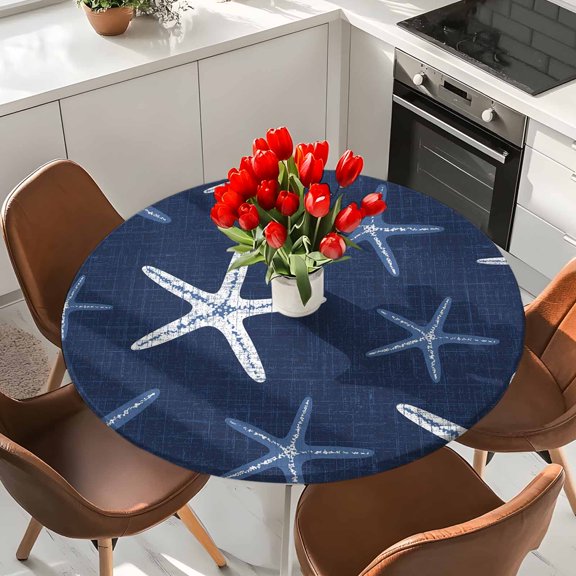 Summer Ocean Starfish Navy Blue Round Fitted Tablecloth with Elastic Edge,Waterproof Table Cloth Fits Tables Up to 36"-44",Wipeable Table Cover for Indoor Outdoor Dinning Party,Marine Stars on Burlap
