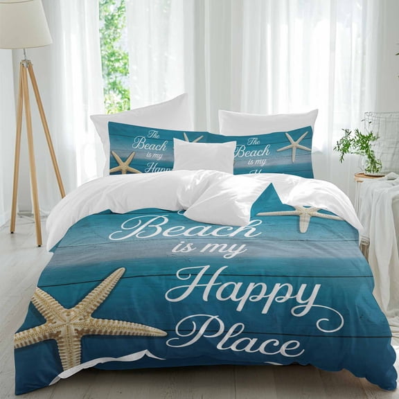 Summer Ocean Starfish Queen Size Comforter Set, Blue Gradient Wood Grain Bedding for All Seasons, 4 Pcs Bed Set, 1Quiltcover (90"x92") ,1Sheet(94"x116"), 2Pillowcases (30"x20")