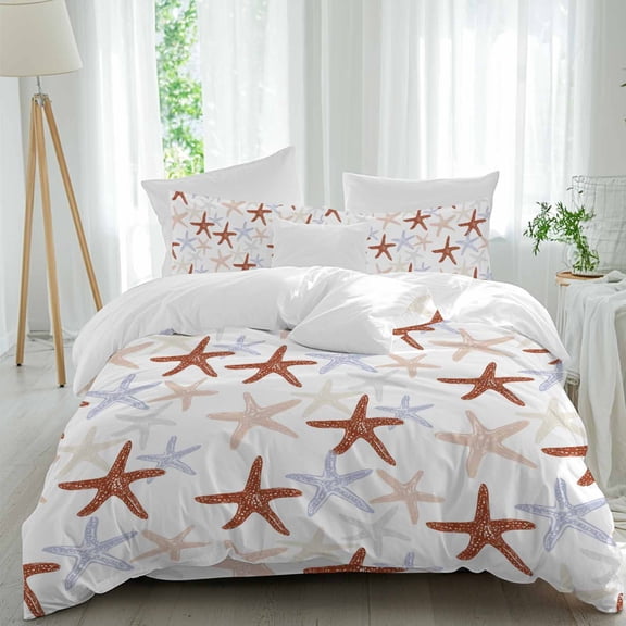 Summer Ocean Starfish Queen Size Comforter Set, Nautical Sea Watercolor Red Blue Starfish Bedding for All Seasons, 4 Pcs Bed Set, 1Quiltcover (90"x92") ,1Sheet(94"x116"), 2Pillowcases (30"x20")