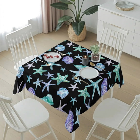 Summer Ocean Starfish Scallop Table Cloth 54x54in, Waterproof Square Tablecloth Wipeable Tablecloths Black Background Table Covers for Dining Tables Party Indoor Outdoor