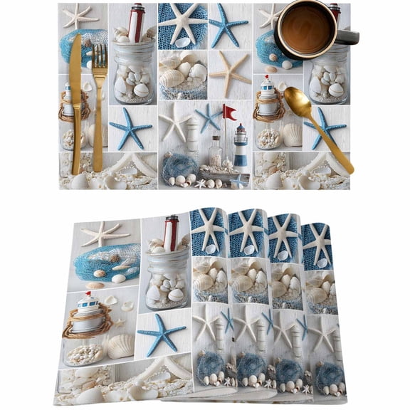 Summer Ocean Starfish Shell Conch Lighthouse Placemats Set of 4,Wipeable Washable Table Mats for Dining Tables,Ocean Collage Art Place Mats for Kitchen Event Party Tabletop Decor