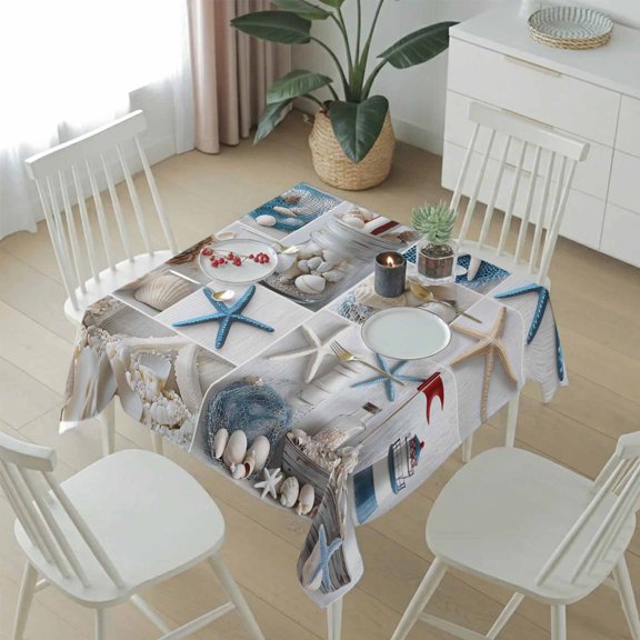 Summer Ocean Starfish Shell Conch Lighthouse Table Cloth 54x54in, Waterproof Square Tablecloth Wipeable Tablecloths Ocean Collage Art Table Covers for Dining Tables Party Indoor Outdoor