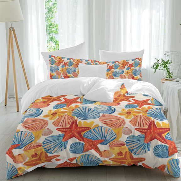 Summer Ocean Starfish Shell Conch Queen Size Bed Set,Watercolor Marine Life Bedding for All Seasons,4 Pcs Bed Set,1 Quiltcover(90"x92"),1 Sheet(94"x116"),2 Pillowcases(30"x20")