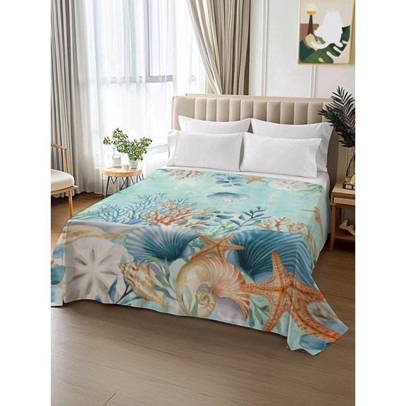 Summer Ocean Starfish Shells King Size Flat Sheet Only,Soft Top Bed Sheets Breathable Bedding Sheet Abstract Coral on Green Microfiber Hotel Flat Sheets