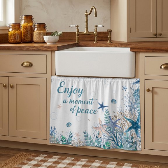 Summer Ocean Starfish Small Cabinet Curtains 10"W x 11"L, Blue Coastal Coral Seagrass Marin Life Sink Skirt Dust-Proof Short Curtain for Bathroom Vanity Storage Cubby, Self Adhesive Privacy Drapes