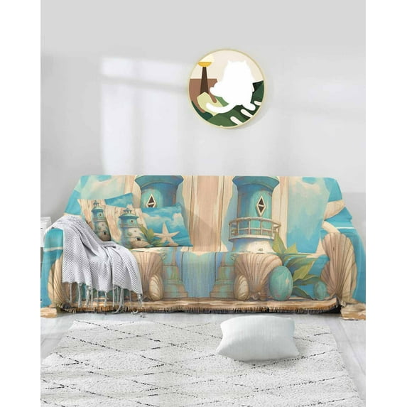 Summer Ocean Starfish Sofa Covers for 3 Cushion,Washable Couch Cover for Sectional Sofa Slipcovers with Tassel,Beach Light-house Shell Plants Sky Blue Loveseat Covers Futon Cover Throw Blanket 71x118