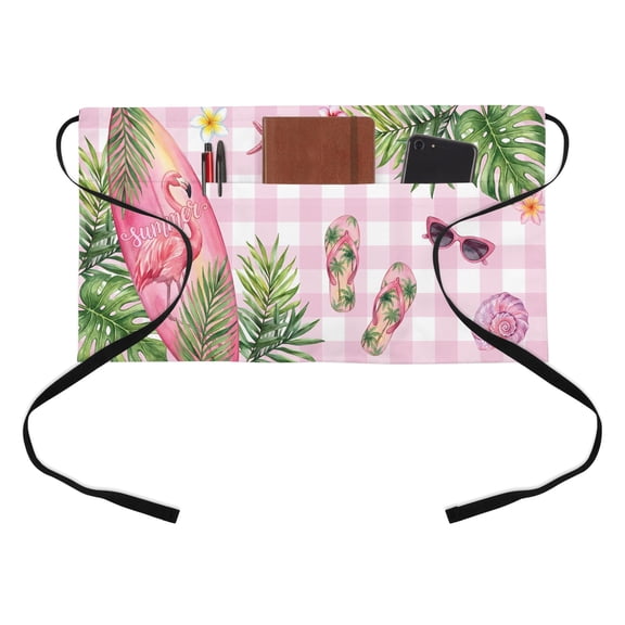 Summer Ocean Surfboard Kitchen Restaurant Half Waist Apron, Beach Slippers Flower Palm Leaf Pink Plaid Server Short Apron with 3 Pockets Waterproof Oil Waist Aprons for Women Waitress Waiter