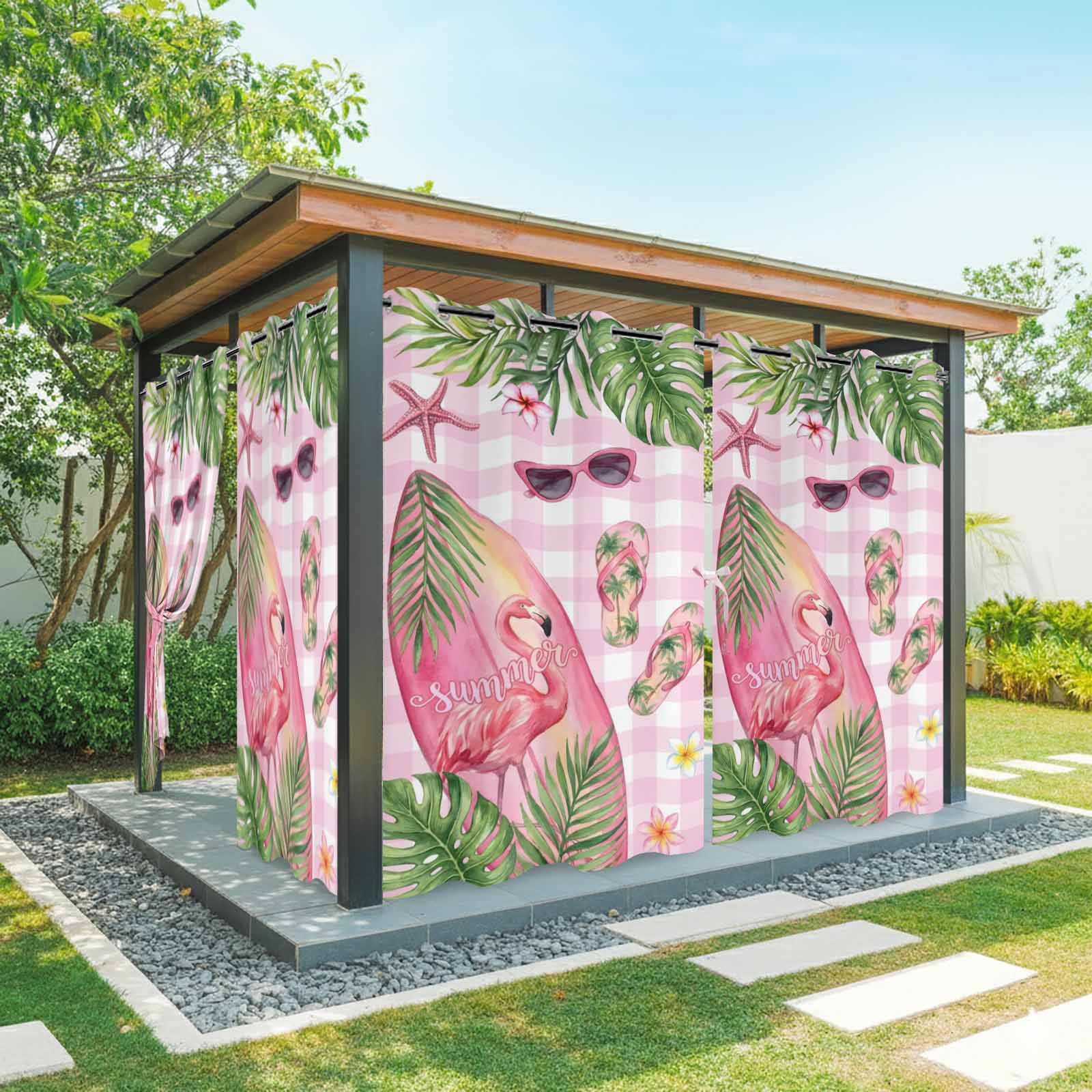 Summer Ocean Surfboard Outdoor Curtains for Patio, Beach Slippers Flower Palm Leaf Pink Plaid Sunshade Privacy Drapes Grommet Waterproof Outside Curtains for Porch/Cabana/Balcony 54"x 108", 1 Panel
