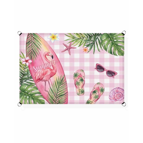 Summer Ocean Surfboard Sun Shade Sail 14'X18' Beach Slippers Flower Palm Leaf Pink Plaid UV Block Outdoor Sail Shades Breathable Waterproof Rectangular Sunshade for Patio Garden Pool Pergola Porch