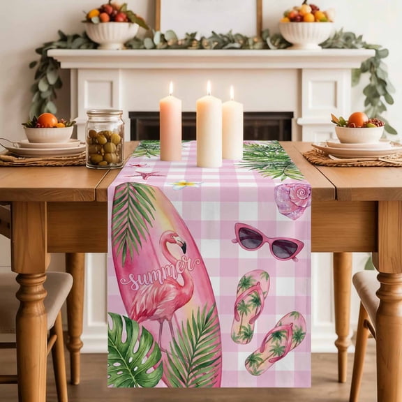 Summer Ocean Surfboard Table Runner, Beach Slippers Flower Palm Leaf Pink Plaid Cotton Linen Kitchen Table Decoration Washable Dining Tabletop Runners for Home Party Decor 13x48 Inches