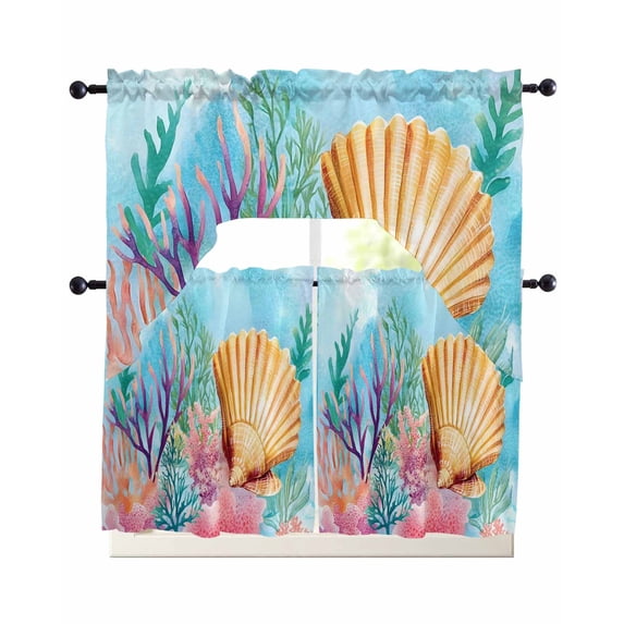 Summer Ocean Swag Curtains for Living Room/Bedroom Windows, Coastal Watercolor Shell Coral Kitchen Curtains and Valances Set 36 Inch Length, Light Filtering Swags Valance Curtain Panels
