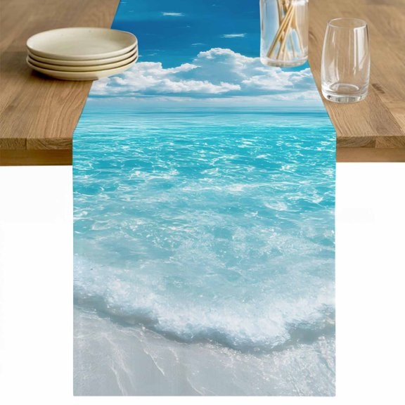 Summer Ocean Table Runner - 36 Inch Long Coastal Blue Sky Sea Waves Natural Scenery Cotton and Linen Blended Dress Scarves Farmhouse Table Runner for Kitchen Dining, Coffee Table, 13" x 36"