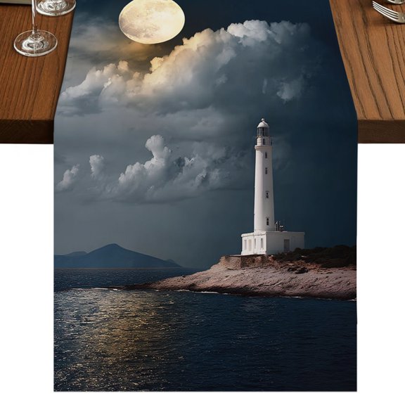 Summer Ocean Table Runner 48 Inches Long, White Lighthouse Bright Moon Coastal Landscape Cotton Linen Dining Table Runner Dresser Scarves for Home Kitchen Party Decor 13"x48"