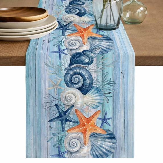 Summer Ocean Table Runner 70 Inches, Coastal Shells Starfish Coral Conch Wooden Blue Bed Runner Dresser Scarves Tabletop for Indoor Outdoor Parties/Ceremony/Banquet, 13" x 70"