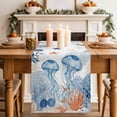 thumbnail image 1 of Summer Ocean Table Runner, Blue Jellyfish Orange Corals Shells Starfish Cotton Linen Kitchen Table Decoration Washable Dining Tabletop Runners for Home Party Decor 13x108 Inches, 1 of 9