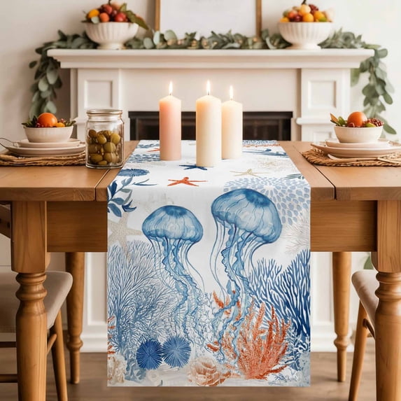Summer Ocean Table Runner, Blue Jellyfish Orange Corals Shells Starfish Cotton Linen Kitchen Table Decoration Washable Dining Tabletop Runners for Home Party Decor 13x108 Inches