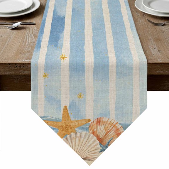 Summer Ocean Table Runner Linen Burlap Table Runner 36 Inches Small Blue Coastal Beach Starfish Shells Couch Beige Dresser Scarves for Kitchen Island Coffee Dining Room Party Holiday Decor 13"x36"