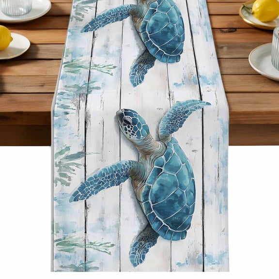 Summer Ocean Table Runner, Retro Turtle Seagrass Wood Texture Cotton Linen Table Cloth, Tablerunner for Kitchen Dining Party Wedding Home Decor 13x36 Inch
