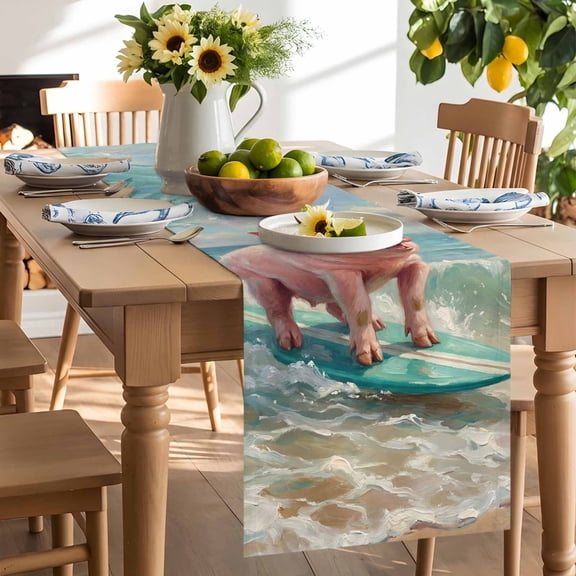Summer Ocean Table Runner, Watercolor Funny Pig Teal Surfboard Coastal Wave Washable Kitchen Table Runners Dress Scarves for Dining Table Decorations Party/Restaurant/Indoor Outdoor Use, 13x36in