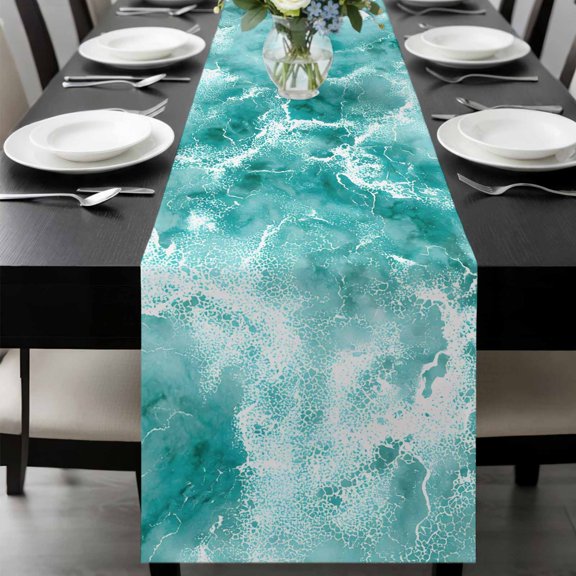 Summer Ocean Table Runner, Watercolor Gradient Color Water Ripple Wave Seascape Washable Cotton-linen Table Runners Dining Kitchen Decoration for Everyday Home Wedding Party Decor, 13 x 108 Inch