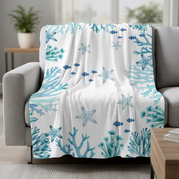 Summer Ocean Teal Coral Fleece Throw Blanket Nautical Sea Watercolor Fish Starfish Ultra Soft Fuzzy Cozy Flannel Throw Blanket for Couch Sofa Bed Car Travel, Ideal Gifts 30x40 Inches