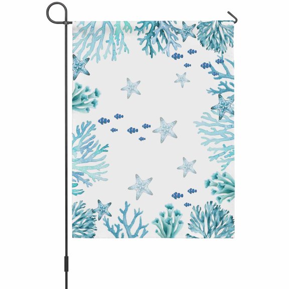 Summer Ocean Teal Coral Garden Flag 12 x 18 Inches, Nautical Sea Watercolor Fish Starfish Weather Proof Outdoor Patio Flags Double Sided Small Garden Decoration for Yard Outside Home